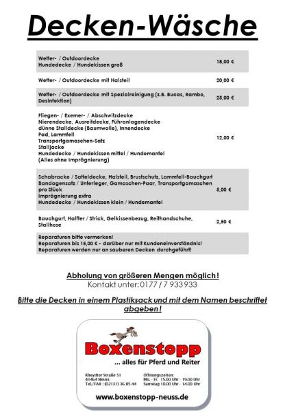 Preistabelle für den Deckenwäsche Service Preistabelle für den Deckenwäsche Service